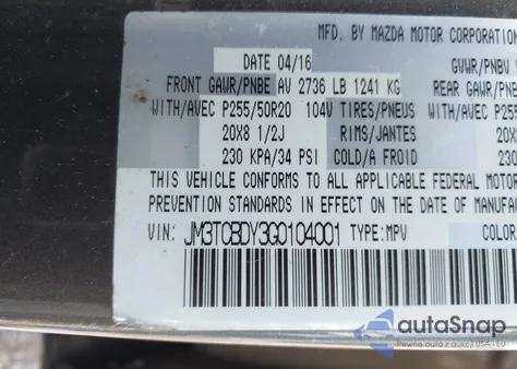 2016 Mazda Cx-9 Grand Touring z USA, uszkodzony, nr VIN JM3TCBDY3G0104001